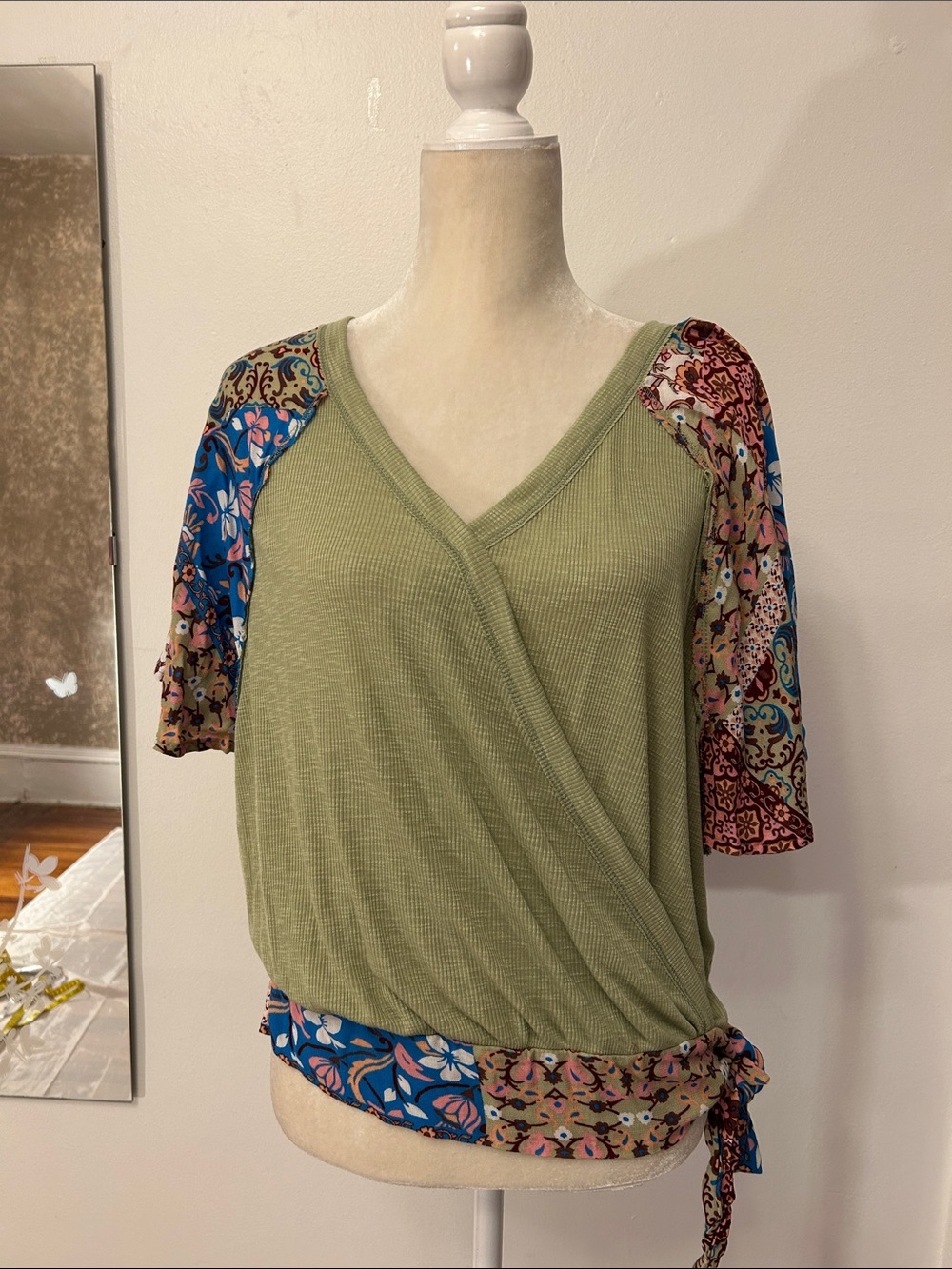 Blu Pepper Olive Green Wrap-Front Top with Multicolor Print Sleeves